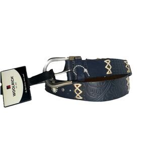 Woolrich Navy Leather Belt Genuine Leather Size S NWT / Stitched / Floral Emboss
